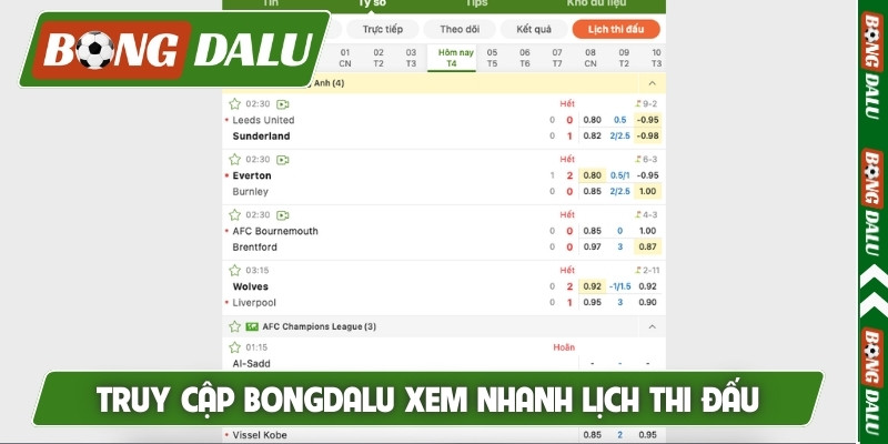Truy cập Bongdalu xem nhanh lịch thi đấu